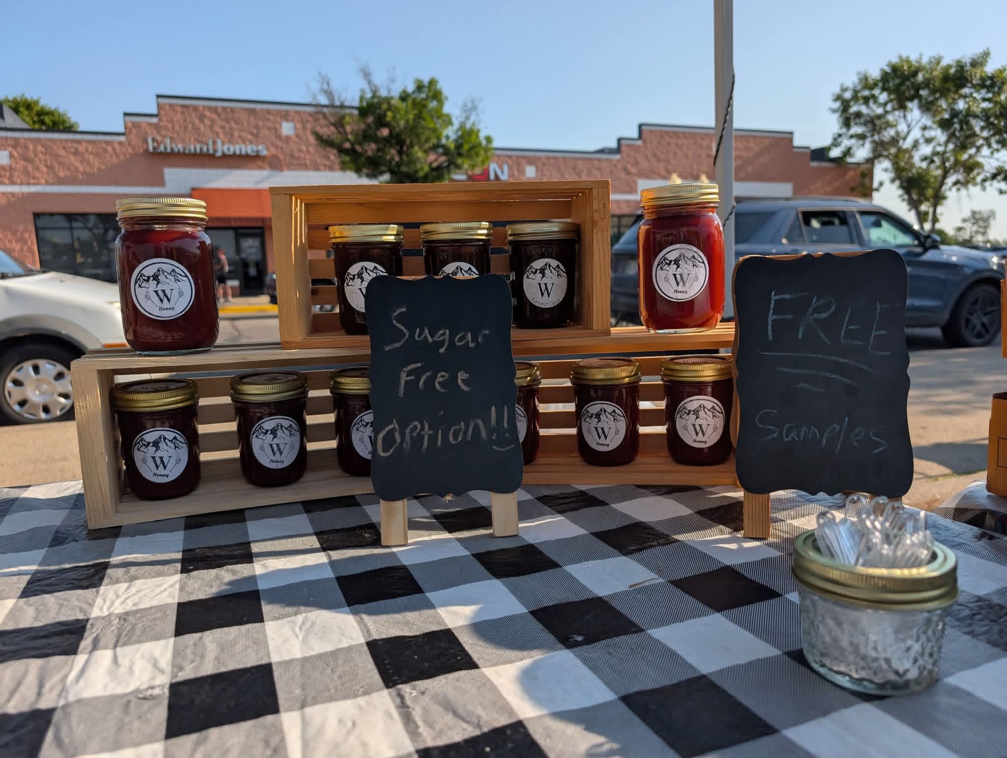 Witikko sauce jars in wooden crates.